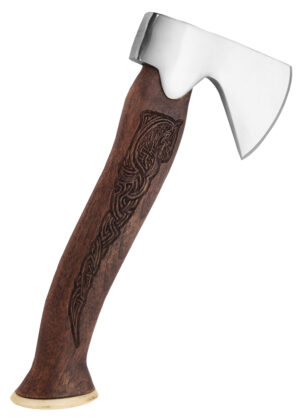 Wikinger Jagdbeil mit verziertem Holz Griff in Braun