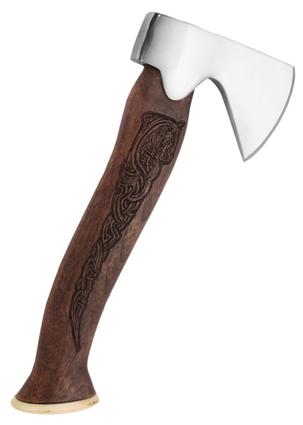 Wikinger Jagdbeil mit verziertem Holz Griff in Braun