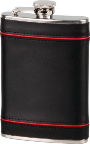 Flachmann Edelstahl / Leder schwarz / rot 8 oz / 240 ml