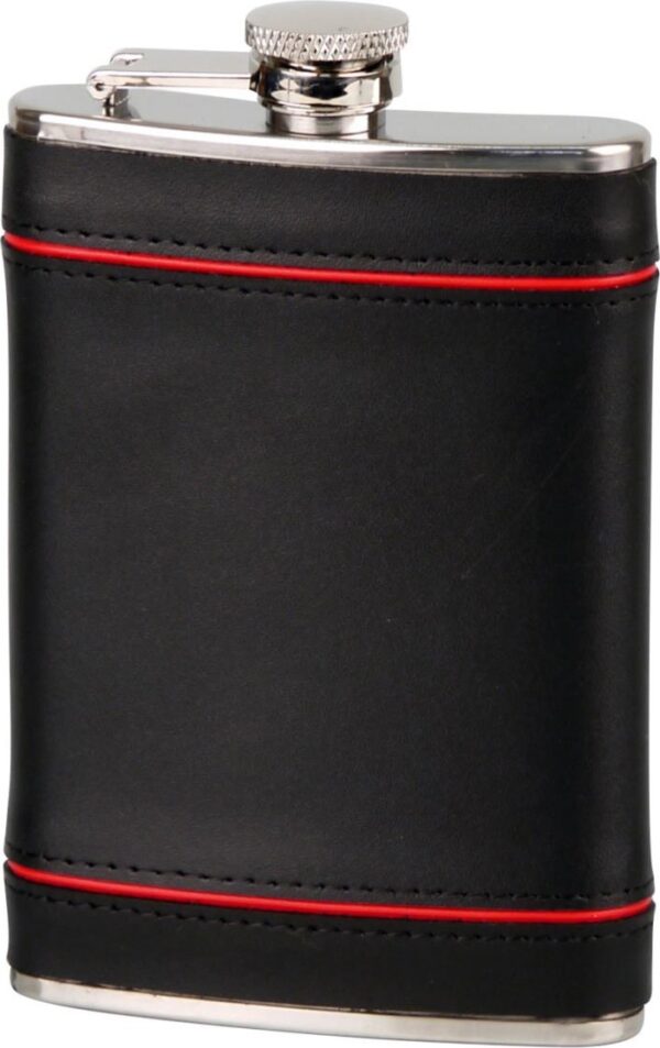 Flachmann Edelstahl / Leder schwarz / rot 8 oz / 240 ml