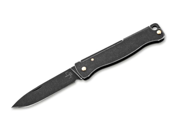 Böker Plus Atlas mini Dark, Stonewashed Optik, Edelstahlgriff, 12C27 Stahl, mit Öse