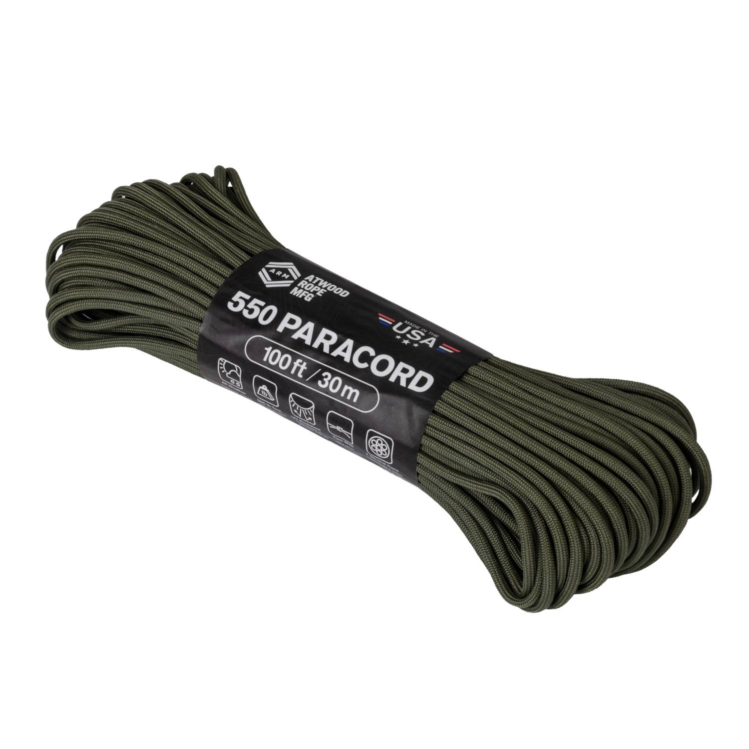 Paracord 550 Fallschirmschnur, 30m, Olive, bis 250 kg belastbar