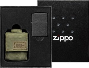 ZIPPO Benzinfeuerzeug "Black Crackle" in schwarz mit Nylon Pouch grün