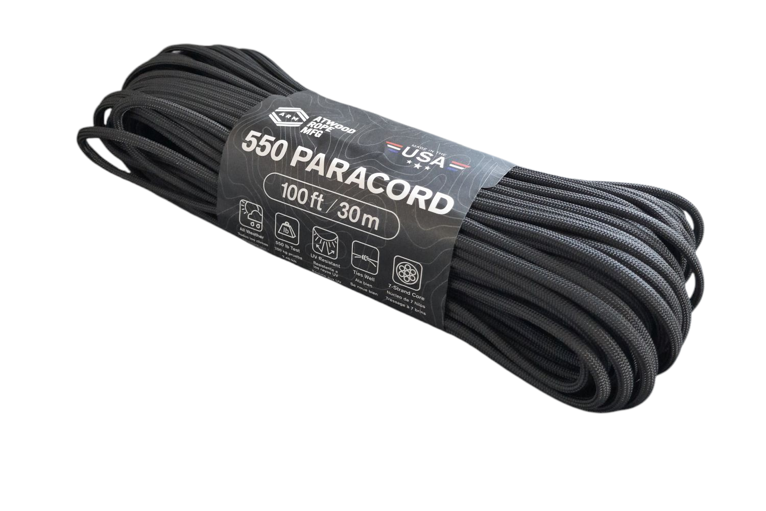 Paracord 550 Fallschirmschnur, 30m schwarz, bis 250kg belastbar