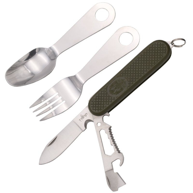 Third Taschenmesser, Essbesteckmesser, Löffel/Gabel mit Nylonfutteral, grün