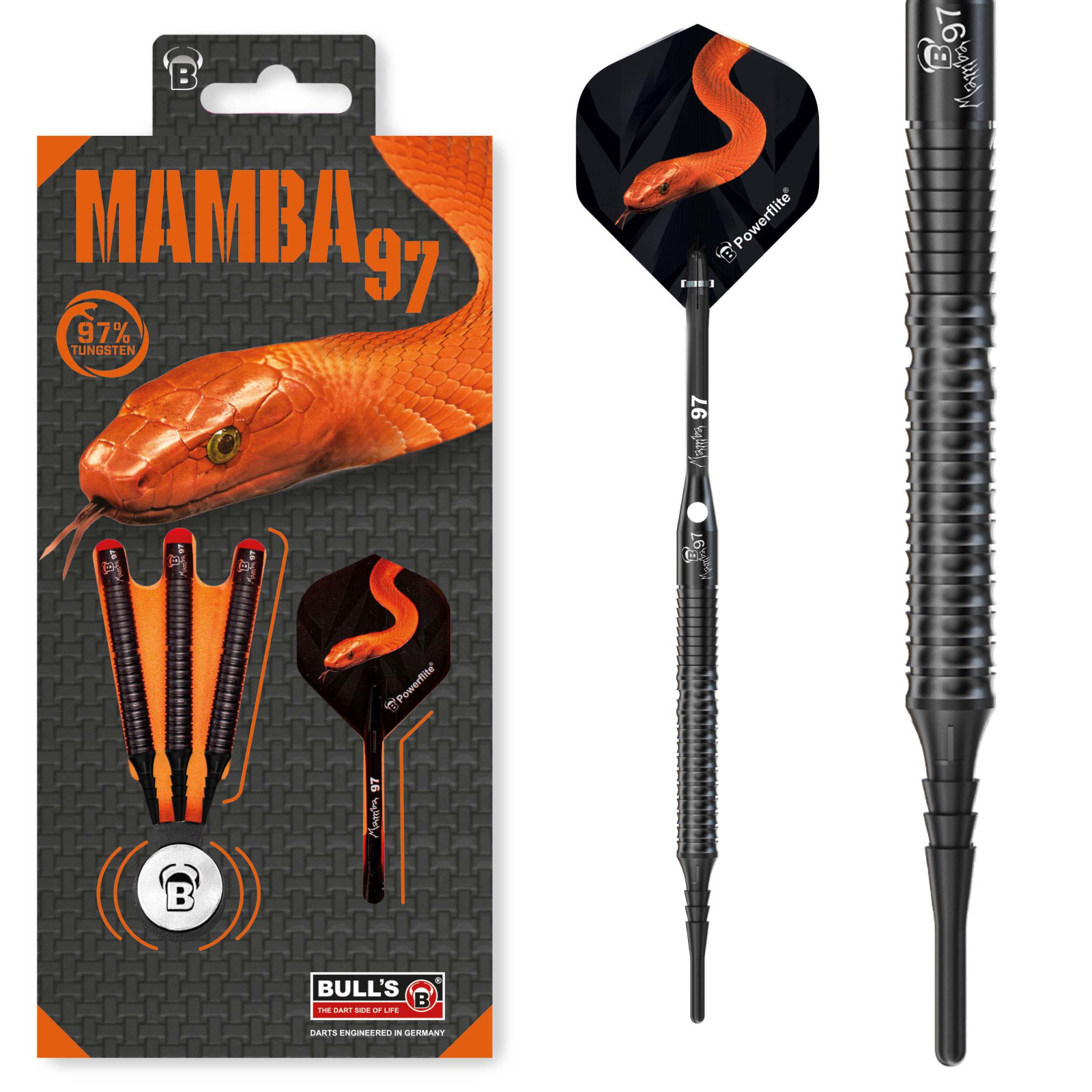 Bull´s Mamba97 M6, 97% Tungsten, Softdart, 18g., Schwarz
