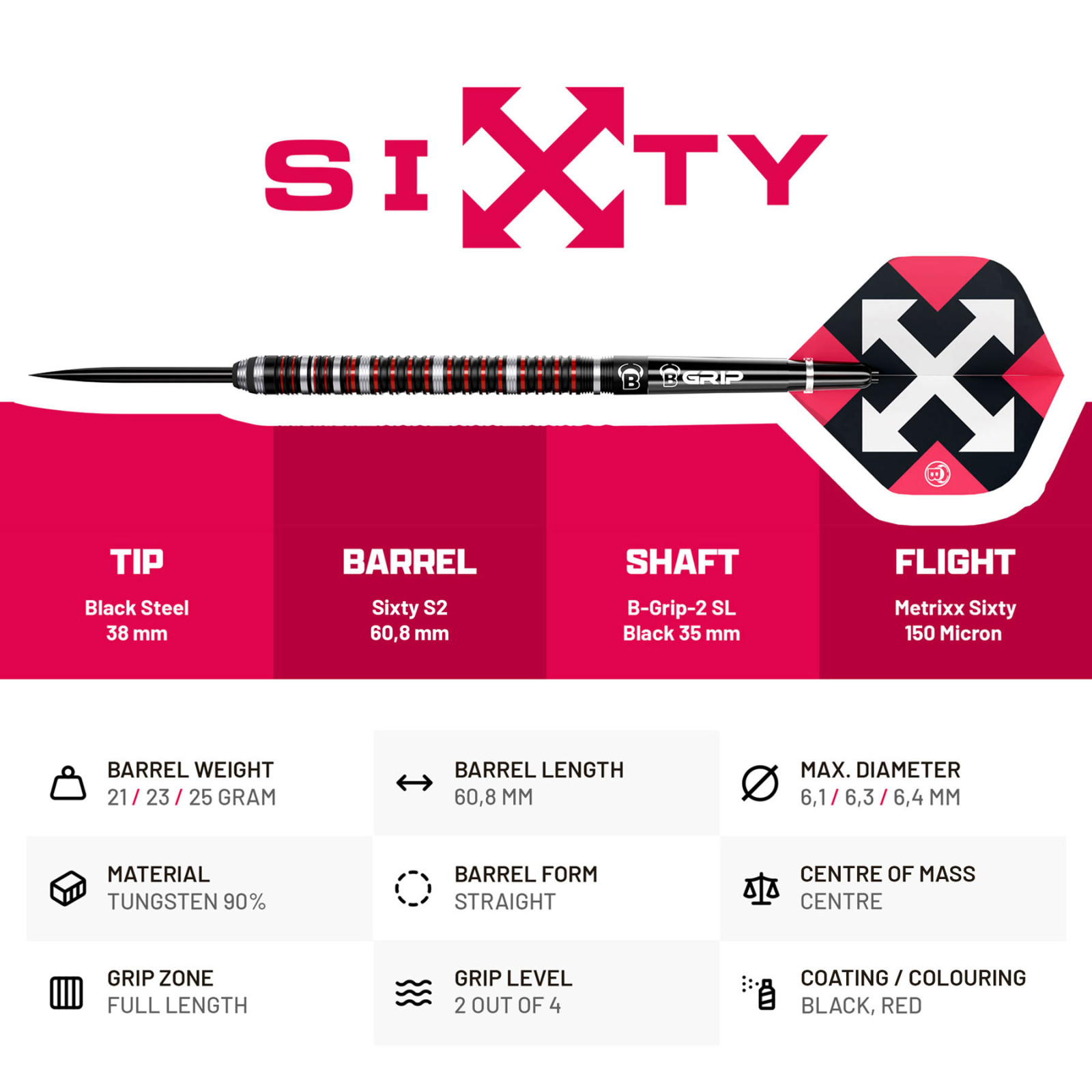 BULL'S Sixty S2 Steel Dart, 23g., 90% Tungsten – Bild 4