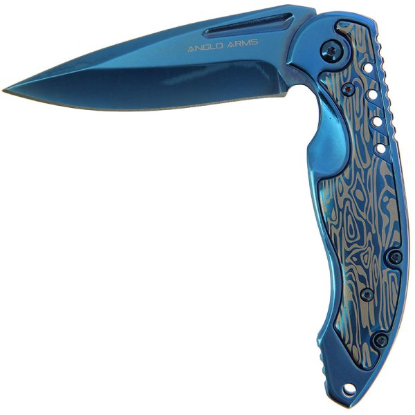 Anglo Arms Aluminium Einhandmesser blau Damastoptik, blaue Klinge – Bild 3