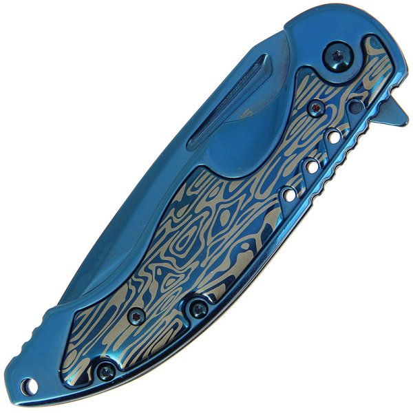 Anglo Arms Aluminium Einhandmesser blau Damastoptik, blaue Klinge – Bild 4
