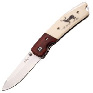 Third Einhandmesser Hirsch, Holz mit ABS Backen, 11,4cm, Braun creme