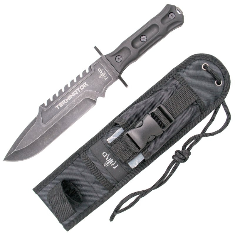 Third Taktisches Messer Terminator, Stonewashed Look, gummierter Griff, Grau