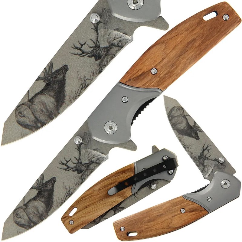 Einhandtaschenmesser Holzgriffschale Hirschmotiv, Liner Lock, 420er Stahl, Braun – Bild 3