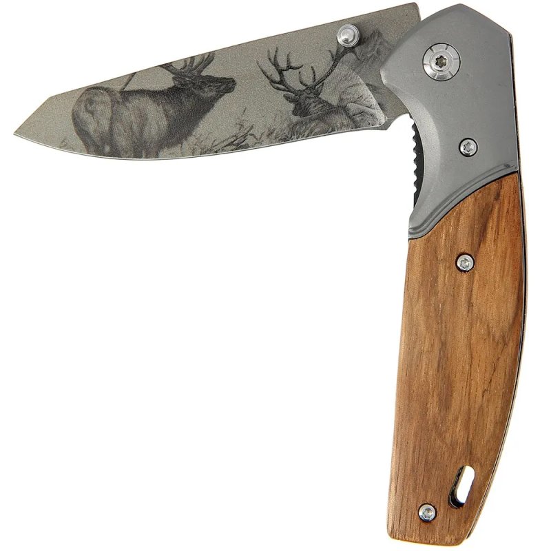Einhandtaschenmesser Holzgriffschale Hirschmotiv, Liner Lock, 420er Stahl, Braun – Bild 4