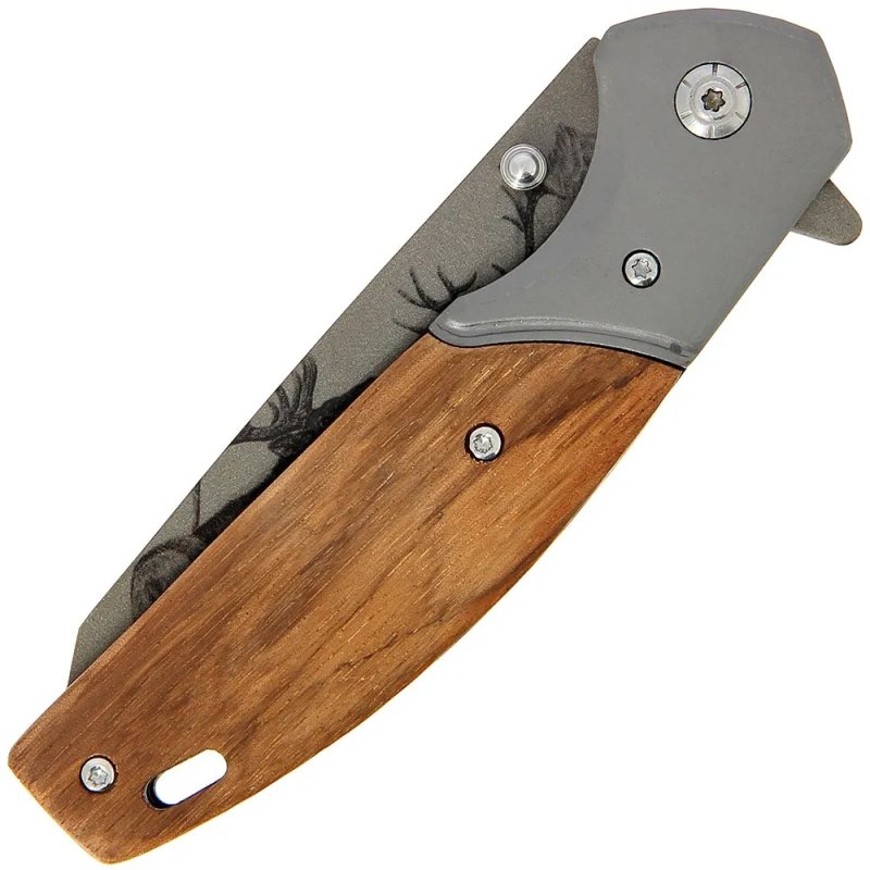 Einhandtaschenmesser Holzgriffschale Hirschmotiv, Liner Lock, 420er Stahl, Braun – Bild 5