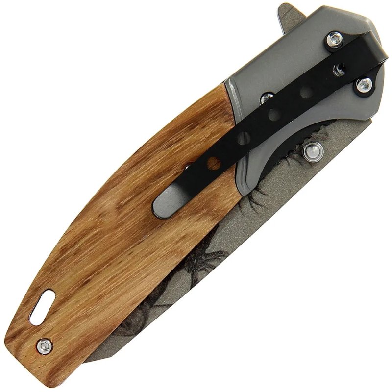 Einhandtaschenmesser Holzgriffschale Hirschmotiv, Liner Lock, 420er Stahl, Braun – Bild 6