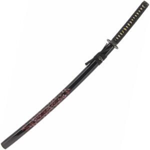 Samuraischwert handgefertigt, Blumenaufdruck, 102cm, Holzständer, Schwarz