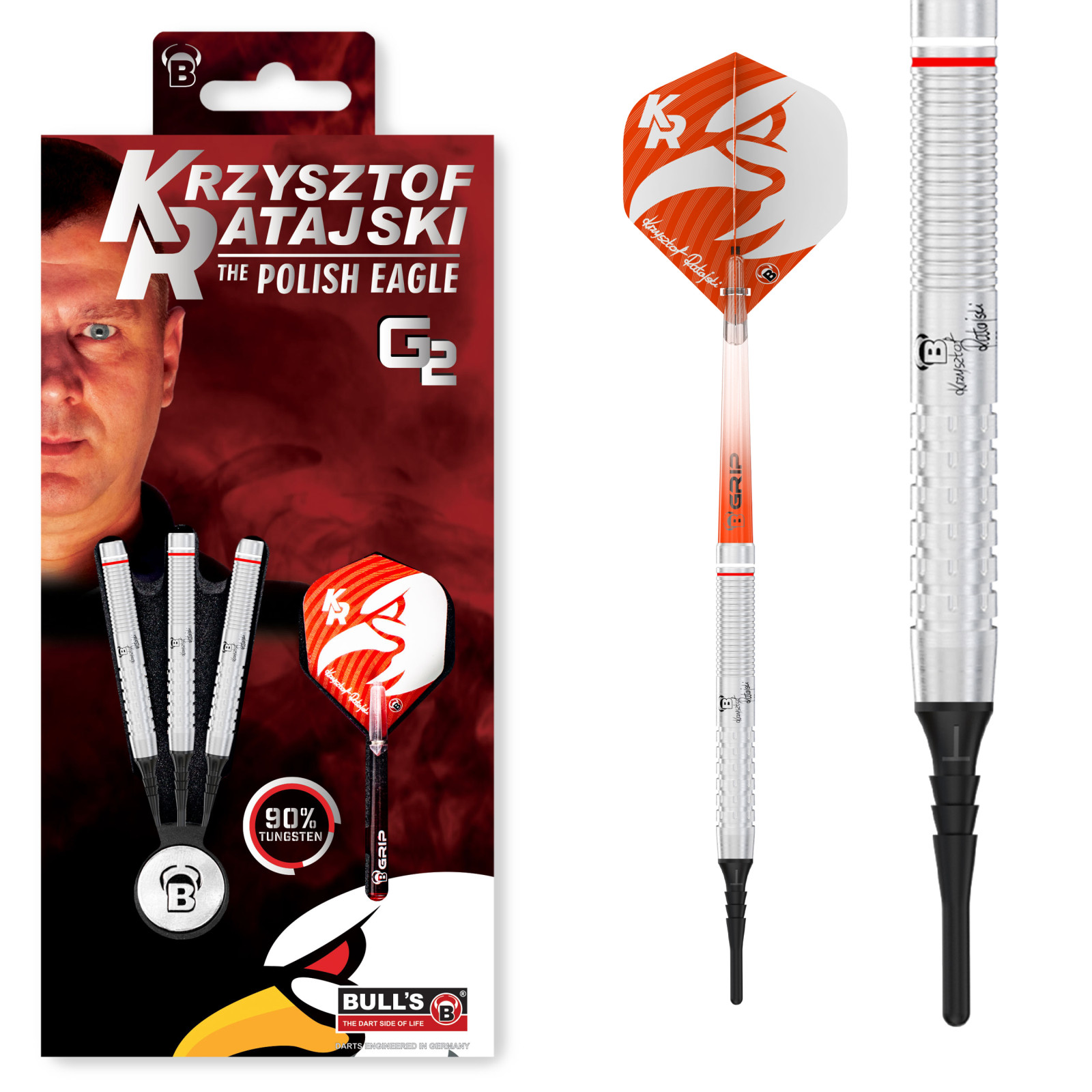 BULL'S Krzysztof Ratajski Soft Dart G2, 90% Tungsten,18g., Silber